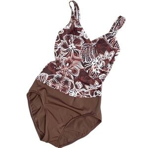 VTG Maxine Brown Beige Floral One Piece Swimsuit Sz 10